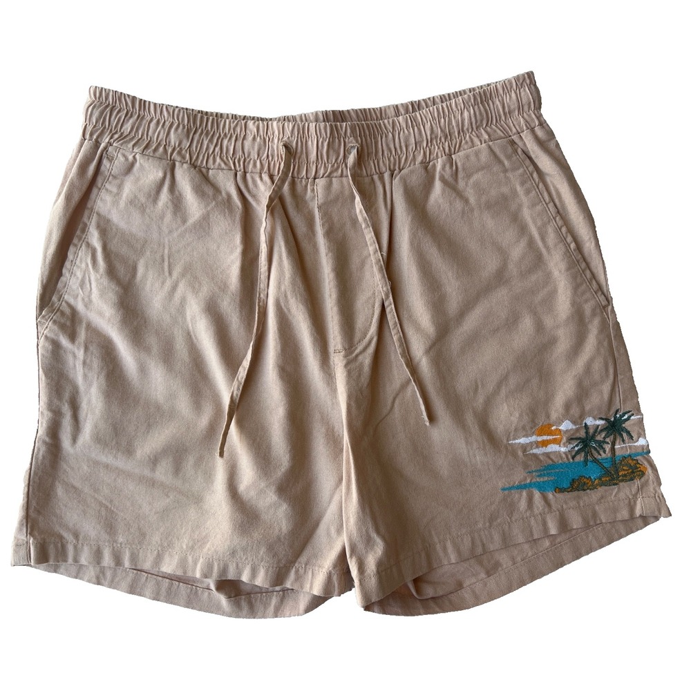 ASOS DESIGN Shorts Mens XS Cotton Tan Khaki Tie Waist Embroidered‎ Island Chino